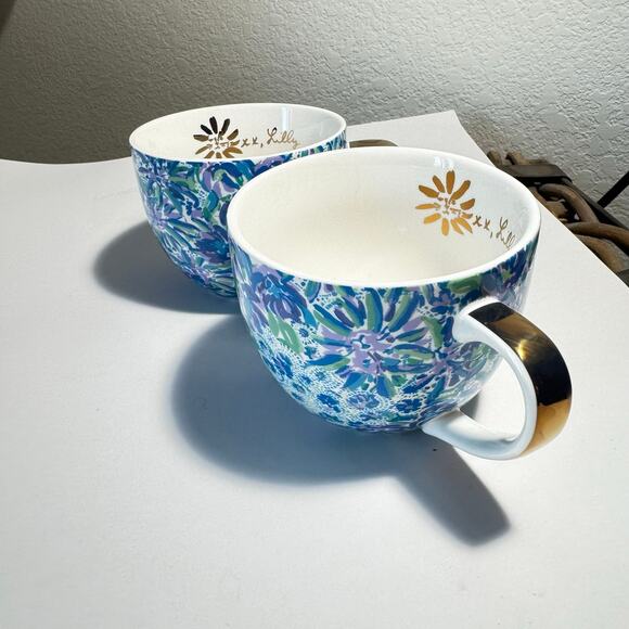 Set of 2 Lilly Pulitzer Blue Surf Ceramic Teacups  Lion & Gold Handle  12 oz - Picture 4 of 8